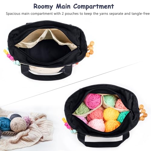 Canvas Yarn Storage Organizer Bag Washable Crochet Bag with Pockets for Yarn, Hooks, Needles – Travel Knitting Tote for Crafters – Gift for Crocheters & Knitters (Medium/Large) - color: Nature-Black, size: Medium-12.5“