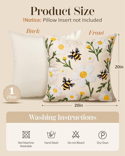 Embroidered Throw Pillow Cover 20x20 Inch, Flower Bee | Decorative Pillow Cover, Floral Farmhouse Cushion Case with Hidden Zipper, Home Decor for Couch, Sofa, Living Room, Bedroom - color: Flower Bee, size: 20" x 20" (Pack of 1)