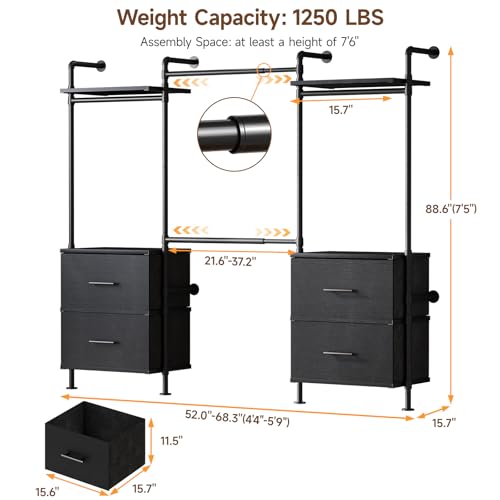 ONBRILL T4 Wall Mounted Closet System with 4 Large Drawers & 4 Hanging Rods | Adjustable from 4'4'' to 5'9'', Industrial Pipe Clothing Rack with 4 Hanging Rods, Heavy Duty Closet Organizer System, Black - color: Black