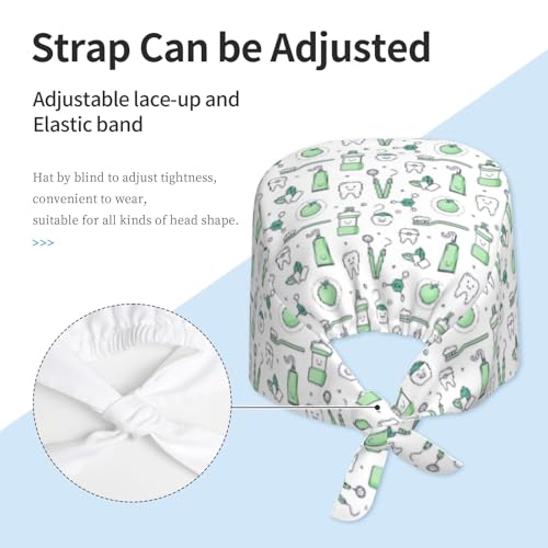 MOLIAN Dental Tooth Adjustable Working Cap Surgical Headgear for Women Men | Adjustable Tie Back Scrub Caps with Button Built-in Sweatband Working Cap for Nurses Doctors and Workers - color: Dental Tooth Care