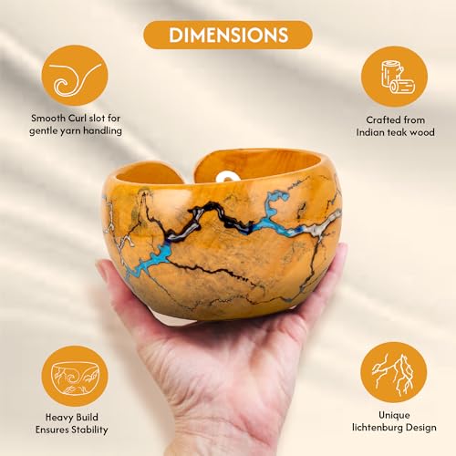 Wooden Yarn Bowl for Crocheting, 7x4inch Large Yellow Teak Crochet Holder Gift Accessories and Knitting Gadgets Supplies Handcrafted with Fractal Wood Burning & Blue,White,Black Resin Inlay (H-Multi) - color: H-Multi