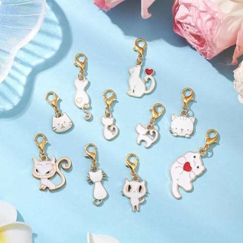 SUNNYCLUE 1 Box 40Pcs 10 Styles Stitch Markers Cats Crochet Cat Charm Alloy Enamel Black White Cute Kitty Coquette Gold Lobster Claw Clasps Charm for Weaving Knitting Crocheting DIY Crafts Supplies - style: Cat 3