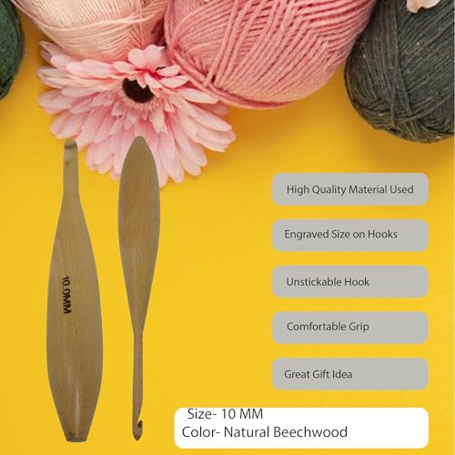 Handcrafted Wooden Crochet Hooks with Bag, 4 MM to 10 MM | Comfortable Grip | Smooth Finish & Ergonomic Design | Galaxy Indiacraft (Natural Beechwood, 10 MM) - color: Natural Beechwood, size: 10 MM