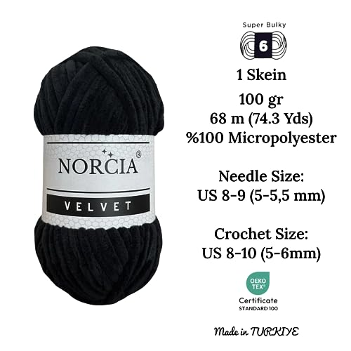 Soft Velvet Chenille Yarn for Crocheting & Knitting - Super Bulky 100g (74.3 yds) Baby Blanket Yarn - Amigurumi & Weaving Craft - Fancy Yarn - Black, 1 Skein - color: Black, size: 1 Skein