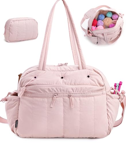 MYBAGZING Stylish Crochet Bag Organizer with Crochet Hook Case, Large Capacity Yarn Bag for Crocheting on the Go, Soft Quilted Crochet Tote with 7 Compartments, Knitting Project Carry-On Travel Gift - color: Pink