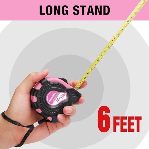 WORKPRO 16FT Pink Tape Measure, Inch/Metric Easy Read Measuring Tape | Retractable Lightweight Measurement Tape Accuracy 1/32, 1mm for Engineer,with Thumb Lock, Belt Clip, Rubber Protective Casing - color: Pink, size: 4.9 m