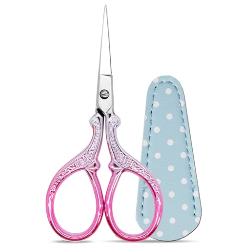 3.6Inch Little Scissors Sewing Scissors with Leather Scissor Cover | Stainless Steel Sharp Tip Craft Scissor for Embroidery Craft Needlework Artwork Cross Stitch DIY Thread - color: Silver Purple