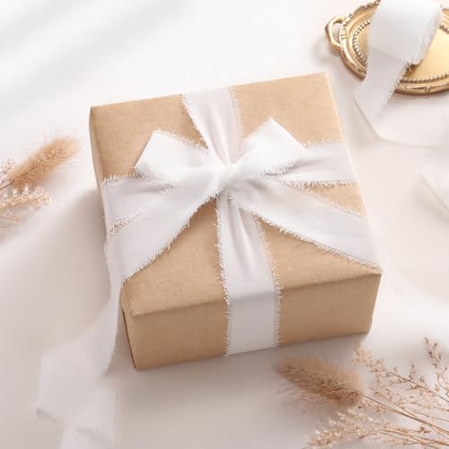 DORIS HOME Handmade Frayed Fringe Chiffon Ribbon 1" x 21Yd White | Fabric Ribbon, For Flower Bouquet/Gift Wrapping/Wedding Invitations/Christmas Decorations/Party Decor - color: White