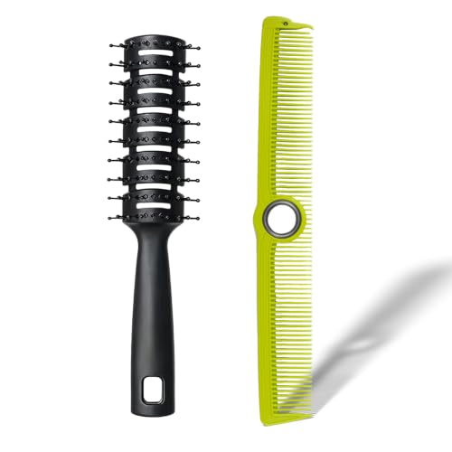 Round Vented Hair Brush & Barber Fine Tooth Cutting Comb Set (Green) | 360° Rotatable Finger Spin Comb for Blow Drying, Volume Curling, Hair Sectioning, for Salon Barbershop & Home Use - color: Green