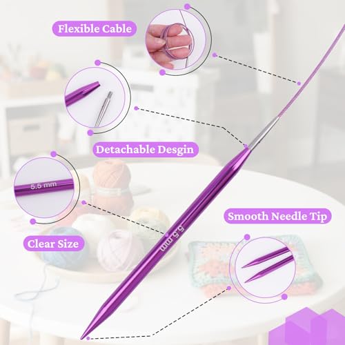 Hobekoee 13 Pairs Interchangeable Circular Knitting Needles Set | 3mm-10mm Interchangeable Aluminum Round Knitting Needles Set with 4 Memoryless Cables for DIY Knitting Lovers - color: Purple