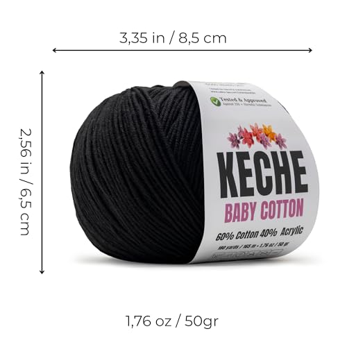 Keche Baby Cotton, 60% Cotton 40% Acrylic Yarn, Soft Cotton Yarn for Crochet and Knitting, Amigurumi Yarn 1 Skein/Ball 1.76 Oz (50g) / 180 Yrds (165m) - Black - color: BLACK, size: 1 SKEIN