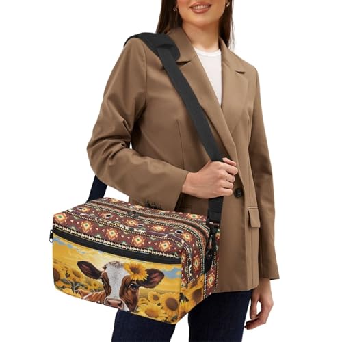Fuxowvby Sunflower Cow Crochet Bag Tribal Print Yarn Storage Organizer with Adjustable Straps Lightweight Knitting Bag Carrying Case with Holes - color: Sunflower Cow Tribal Print