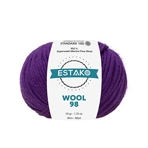 Estako Wool 98 100% Soft Superwash Merino Wool Worsted Weight Yarn, Purple | 1.76 oz, 98 yds, cyc 4 medium, aran, machine washable, 5 mm needles, 6 mm hook, 20 sts gauge, crocheting, sweaters - color: 6385 - Purple, size: 1 Skein