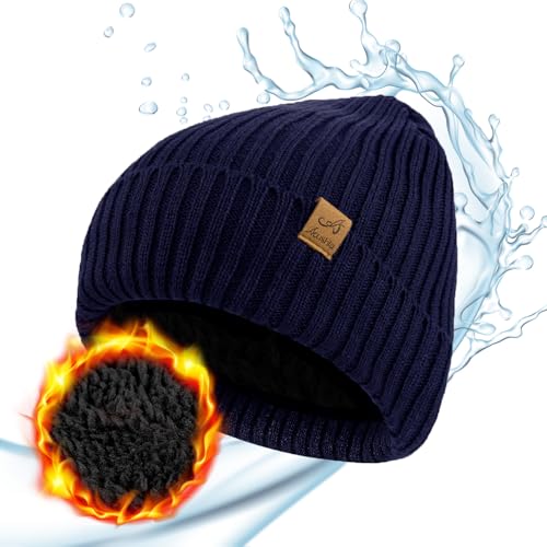 ACUSHLA Waterproof Windproof Winter Hat for Men Women Fleece-Lined Beanie - color: Navy Blue
