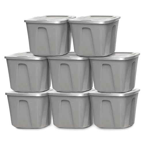 HOMZ 8-Pack Durable Molded Bin, Plastic Storage Containers with Lids, 10 Gallon, Silver - Stackable Organizer Totes and Boxes for Bedroom, Kitchen, and Garage Organization - color: Titanium Silver, size: 8 Pack