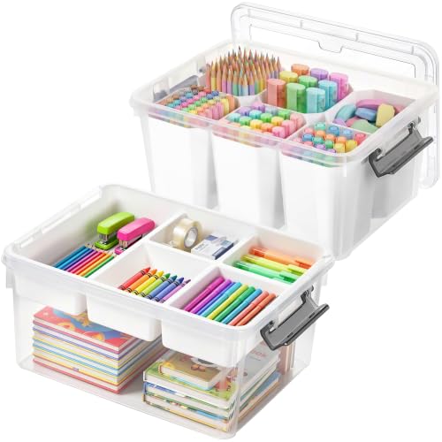 Citylife 17QT 2Packs Clear Craft Organizers and Storage Bins with Lids | Stackable Art Supply Organizer with Tray and 6 Inserts for Markers, Crayons, Pencils, Tools, Playdoh, Coloring Books - size: 17 Qt- 2 Pack- W