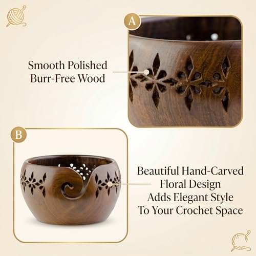 Rosewood Yarn Bowl with 13 Crochet Hooks Set – Handmade Wooden Knitting Bowl Holder with Spiral Slot, Large 7” Yarn Organizer, Complete Crochet Kit for Beginners & Professionals - color: Setof13+CarvedBowl
