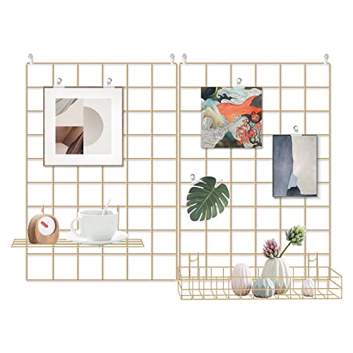 Grid Wire Board,for Memo Picture Panel Wall Decoration | for Room Office Mat Photo Hanging Art Display Frames Desk Storage Organizer,17.3" x 11.8"(2Pack) (Gold)