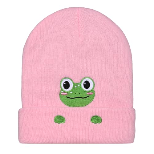 Personality Animal Head Embroidery Knit Beanie Hat for Adult and Big Kids Winter Warm Skull Cuffed Hats - color: Frog-pink