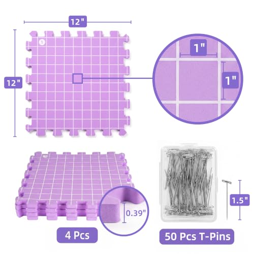 Blocking Mats for Knitting & Crochet Projects, for Knitting & Crochet Projects, Foam Board Design, Includes 50 T-Pins for Yarn Craft Blocking, (12” x 12” 4 Pack)