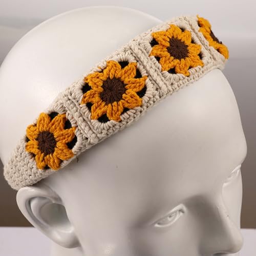 Crochet Headband for Women, Handmade Sunflower & Checkered Hair Accessories, Stretchable Boho Hair Band (Beige-Yellow-Brown, Sunflower) - color: Beige-Yellow-Brown