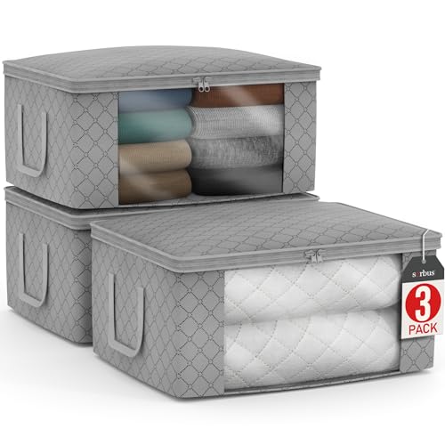 Sorbus Medium Clothes Storage Bags - Foldable Blanket Storage Bins for Organizing Bedroom, Closet, Clothing, Comforter, Organization with Clear Window, Lids and Carry Handles - Set of 3 | Carry handles and fabric construction support foldable bins with li