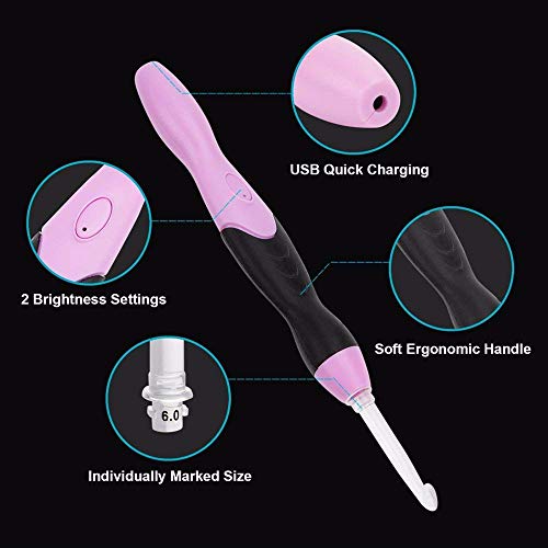 Yarniss 9 Sizes Ergonomic Crochet Hooks with Case,11 Sizes Light Up Crochet Hooks with Case,Rechargeable Crochet Hook with Light,2.5mm to 8mm