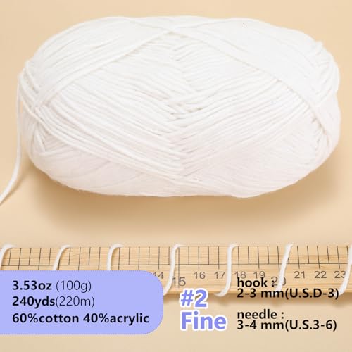 LUCKY BALL Milk Cotton Yarn, 100g / 240 yd 60% Cotton 40% Acrylic #2 Fine Sport Yarn, Soft Crochet & Knitting Yarn for Amigurumi Dolls, Baby Items, Flowers, Hats, Sweaters, Blankets (White) - color: 1White