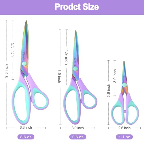 Zicolu Craft Scissors Set of 3 pack, Sharp Rainbow Titanium Coating All Purpose Scissors, Ergonomic Semi-Soft Rubber Grip, Suitable for School, Office and Household Use, 9.2''/8.5''/5.6" - color: Violet&blue, size: 3-Pack(Assorted Sizes)