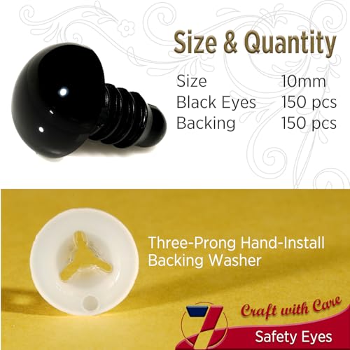 SEVENSUN 10mm Safety Eyes for Crocheting, 300pcs Black Crochet Eyes for Crochet Animals, amigurumi Eyes for Crafts, Craft Doll Eyes for amigurumi Stuffed Animals Eyes - size: 10mm