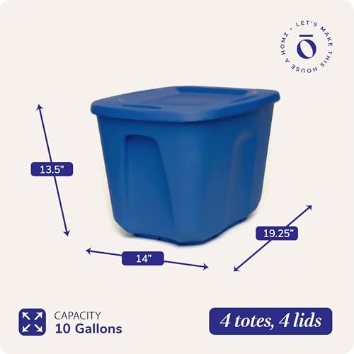 HOMZ 4-Pack Durable Molded Bin, Plastic Storage Containers w/Lids, 10 Gallon, Blue - Stackable Organizer Totes and Boxes for Bedroom, Kitchen, and Garage Organization - color: Blue, size: 10 Gallon (4 Pack)