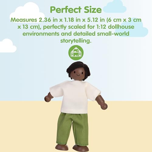 PlanToys® Father Dollhouse Wooden Figurine Poseable 1:12 Scale 5-Inch Doll | dad character, doll house people accessories, bendable arms, kids pretend play, girls storytelling gift ages 3+ for boys - color: African American Dad