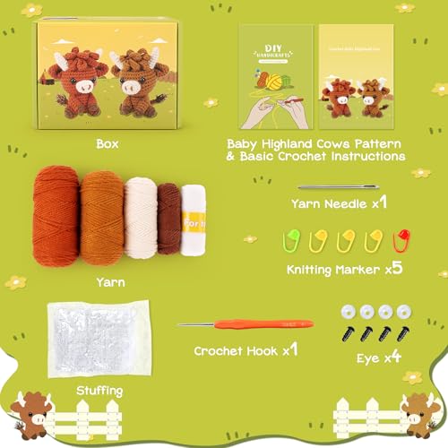 2PCS Highland Cow Crochet Kit for Beginners Crochet Starter Kit for Adults | Animals Crochet Kit with Step-by-Step Video Tutorials, Highland Cows Crocheting Kit, Animal Knitting Kit for Birthday - color: Brown Highland cow