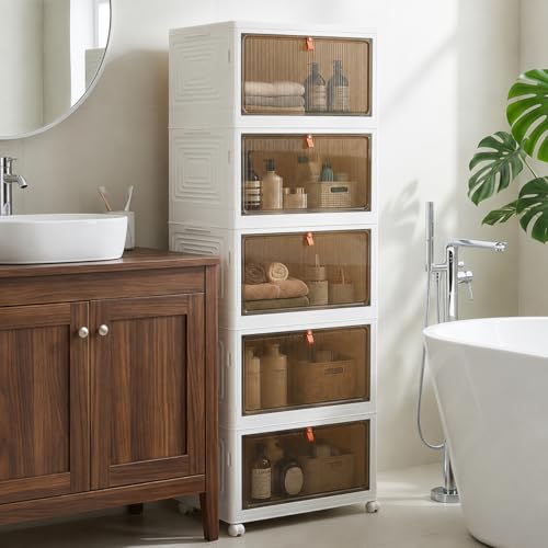 LDQ 170 Qt Large Storage Bins with Lids, 5 Tier Stackable Storage Cabinet with Wheels & Clear Doors, Foldable Plastic Closet Organizer for Bedroom, Bathroom & Kitchen - size: 5-layers