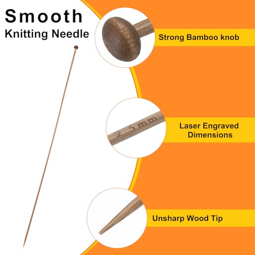HARFINGTON 2.5mm Bamboo Knitting Needle Straight Single Pointed 13.8 Inch Long Wooden Sweater Knitting Needles US Size 1.5 for Yarn Beginners Hand Sock DIY - size: 2.5mm US Size 1.5