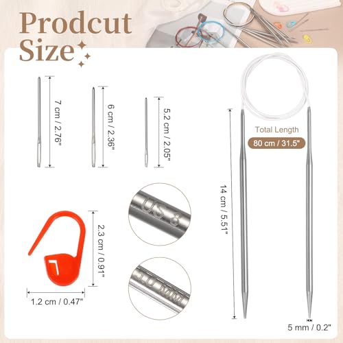 HARFINGTON Circular Knitting Needle Set US Size 8 (5mm) 31.5" Long Stainless Steel Round Knitting Needles with Large-Eye Blunt Needles Stitch Markers for Sock Sweater Gloves, White - color: White, size: 5mm/31.5"