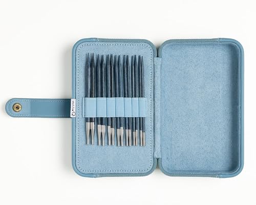 Knit Picks x DellaQ Interchangeable Knitting Needles Set with Buddy Case | 9 sizes of blue 4.75 inch long knitting needles, US 4-11, includes Dusty Blue Canvas and Faux Leather case - color: Dusty Blue and Regular Blue Needles