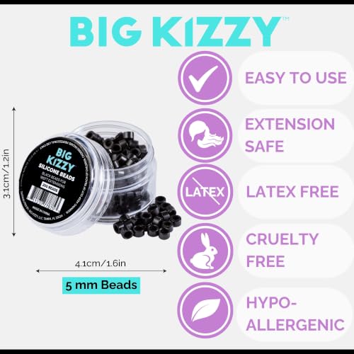 Big Kizzy Silicone Lined Microlink Beads 250pcs 5.0mm (Black) | for Invisible Application of Weft Hair Extensions - color: Black, size: 250 beads