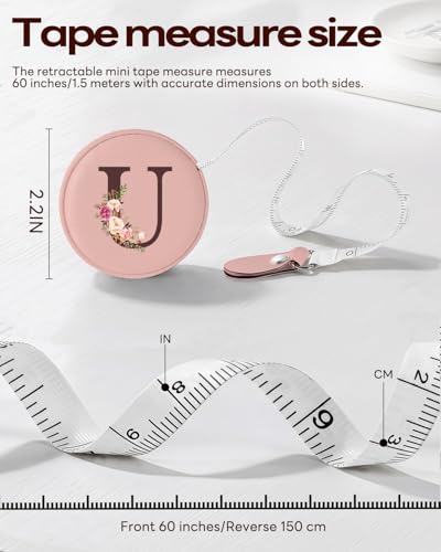 Maicican Retractable Tape Measure, Pink Leather Sewing Measuring Tape, U | with Initial A-Z, 60"/1.5m Soft Sewing Measuring Tape for Body Measurements, Portable Small Fabric Ruler - color: Tape Measure-Pink U