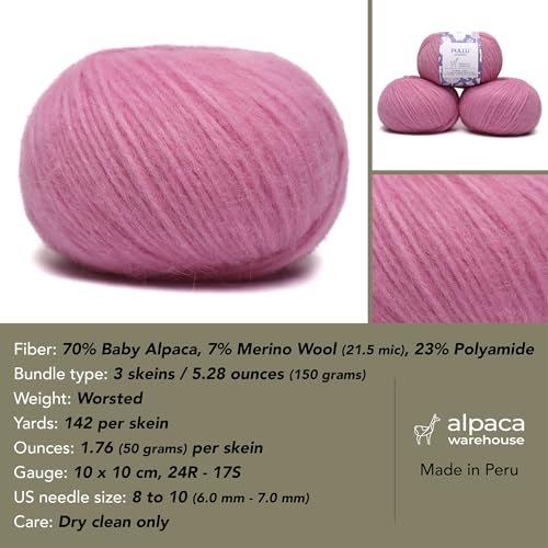 Baby Alpaca Merino Yarn 3 Skeins 150g Worsted Weight Knitting Cotton Candy | Pullu baby alpaca merino blend made in Peru 3 skeins 150g 426yd total for knitting and crochet sweaters scarves and hats - color: Cotton Candy
