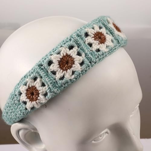 Crochet Headband for Women, Handmade Sunflower & Checkered Hair Accessories, Stretchable Boho Hair Band (Blue-White-Brown, Sunflower) - color: Blue-White-Brown