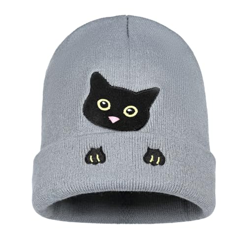 Personality Animal Head Embroidery Knit Beanie Hat for Adult and Big Kids Winter Warm Skull Cuffed Hats - color: Cat-grey