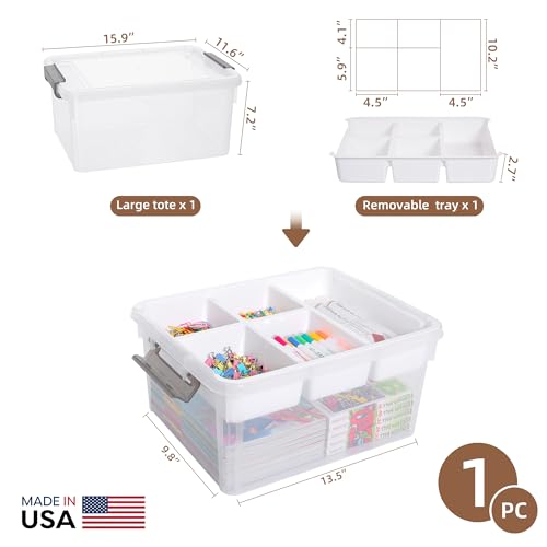Citylife 17QT Clear Craft Organizers and Storage Box with Removable Tray | Stackable Art Supply Organizer Storage Bins with Lids for Beads, Markers, Sewing, Tools, Playdoh, Coloring Books, Made in USA - size: 17 Qt- 1 Pack