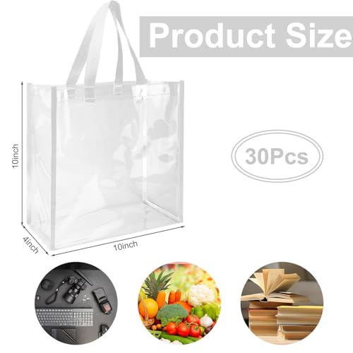 Paterr 30 Pcs Clear Tote Bag Stadium Approved Bulk 10 x 10 x 4 inch Plastic Tote Gifts Bags with Handle for Women Sports Gym(White) - color: White