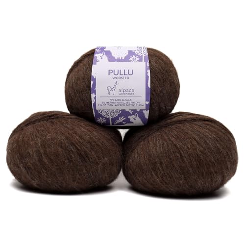 Baby Alpaca Merino Yarn 3 Skeins 150g Worsted Weight Knitting Mocha | Pullu baby alpaca merino blend made in Peru 3 skeins 150g 426yd total for knitting and crochet sweaters scarves and hats - color: Mocha
