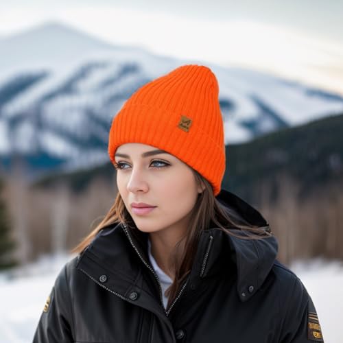 ACUSHLA Waterproof Windproof Winter Hat for Men Women Fleece-Lined Beanie - color: Bright Orange