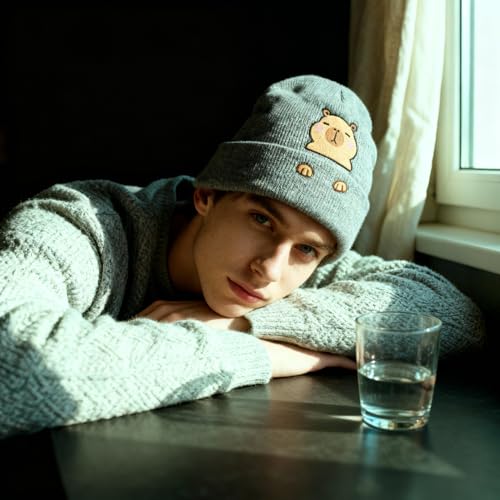 Personality Animal Head Embroidery Knit Beanie Hat for Adult and Big Kids Winter Warm Skull Cuffed Hats - color: Capybara 2-grey