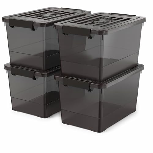 17 Qt Stackable Storage Bins with Lids, Black Clear Locking Plastic Storage Containers with Latches, Organizer Totes for Closet Pantry Bedroom Garage, Space Saving Nesting Storage Box（4 Pack） - color: Black, size: 17 Quart