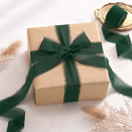 DORIS HOME Handmade Frayed Fringe Chiffon Ribbon 1" x 21Yd Dark Green | Fabric Ribbon, For Flower Bouquet/Gift Wrapping/Wedding Invitations/Christmas Decorations/Party Decor - color: Dark Green