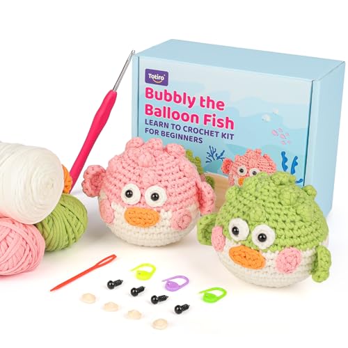 Totiro Crochet Kit for Beginners, Balloon Fish Amigurumi Starter Kit, Easy DIY Craft Set with Step-by-Step Video Tutorials, 2 Pack Crochet Pattern Learning Kit for Teens Adults Birthday Gift - color: Ballon Fish